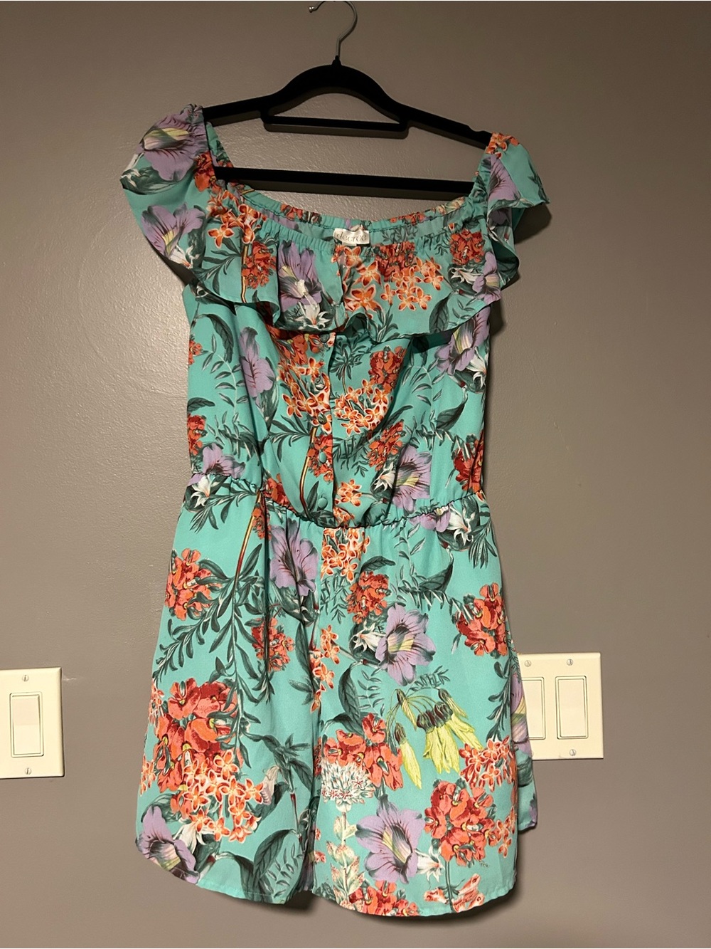 Decree Turquoise Floral Off-Shoulder Romper